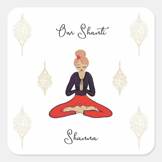 Personalized Om Shanti Yoga Girl スクエアシール (正面)
