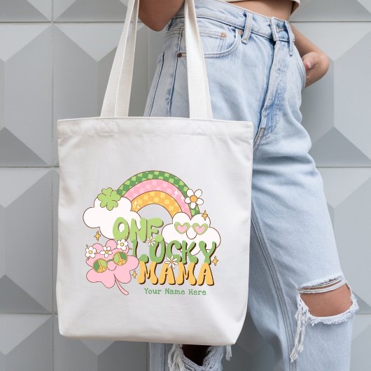 Personalized One Lucky Mama Groovy Rainbow トートバッグ