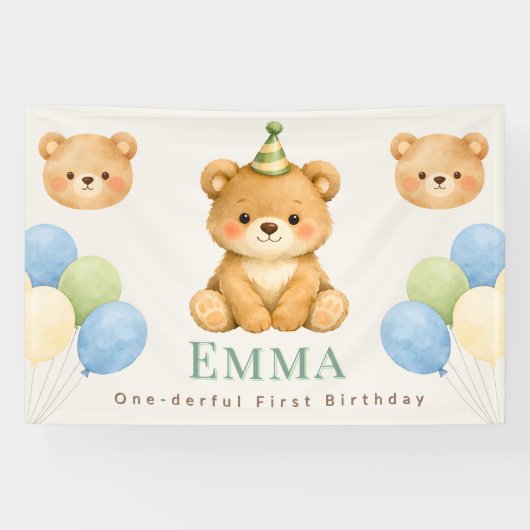 Personalized Onederful Bear First Birthday Banner 横断幕 (横)