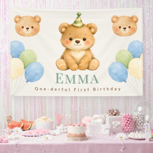 Personalized Onederful Bear First Birthday Banner 横断幕 (パーティー)