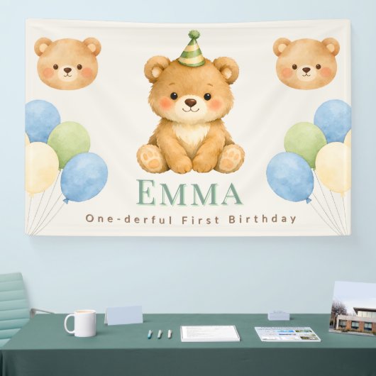 Personalized Onederful Bear First Birthday Banner 横断幕 (トレードショー)