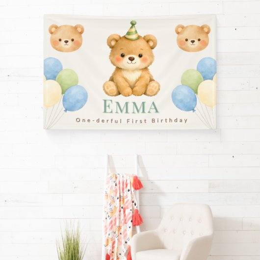 Personalized Onederful Bear First Birthday Banner 横断幕 (インサイチュ)