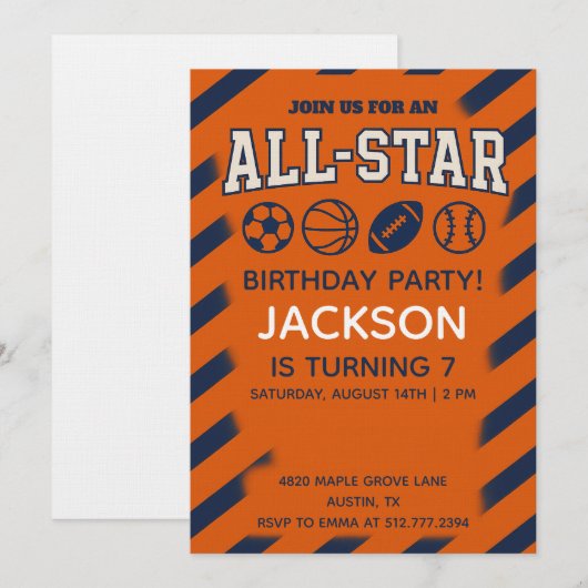 Personalized Orange and Blue Basketball Birthday  招待状 (正面/裏面)