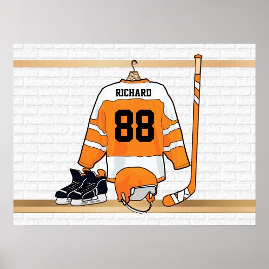Personalized Orange and White Ice Hockey Jersey ポスター (正面)
