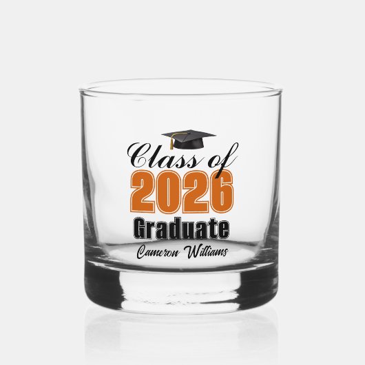 Personalized Orange Black Class of 2026 Graduation ウイスキーグラス (正面)