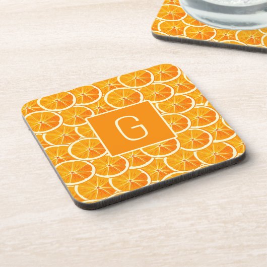 Personalized Orange Citrus Monogram Square Coaster コースター (左側)