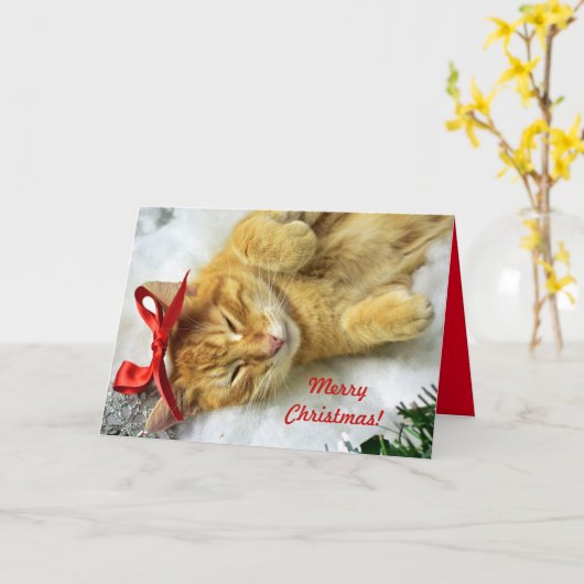 Personalized Orange Tabby Cat Christmas カード (黄色い花)
