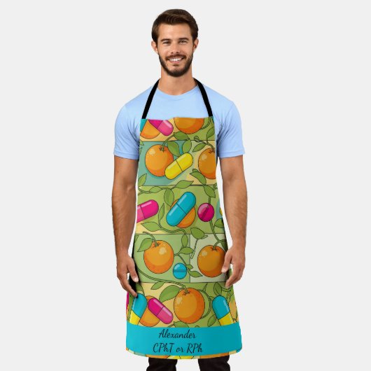 Personalized Oranges Blue Pink Pill Pharmacy Apron エプロン (着用した状態)