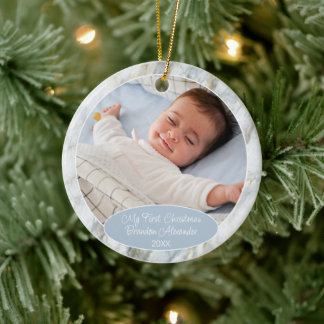 Personalized Ornament With Photo On Blue Marble セラミックオーナメント