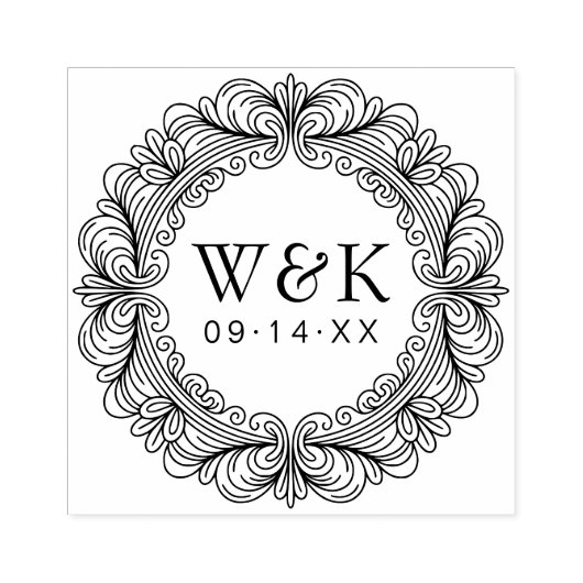 Personalized Ornate Wreath Wedding Monogram & Date ラバースタンプ (インプリント)