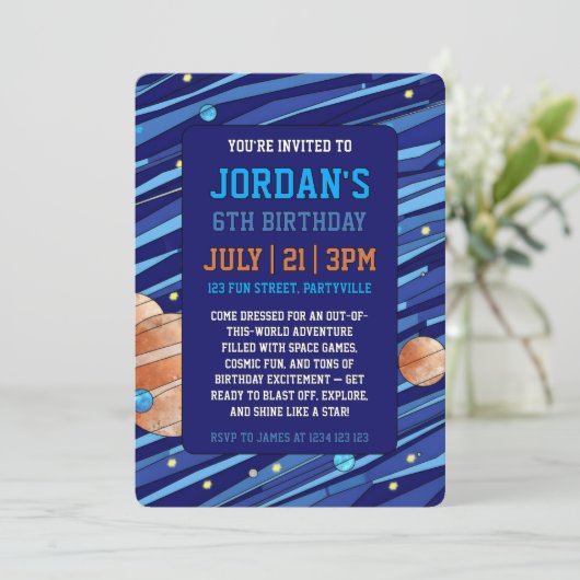 Personalized Outer Space Galaxy Kids Birthday  招待状 (スタンド正面)