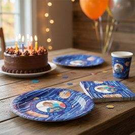 Personalized Outer Space Galaxy Photo Birthday  ペーパープレート