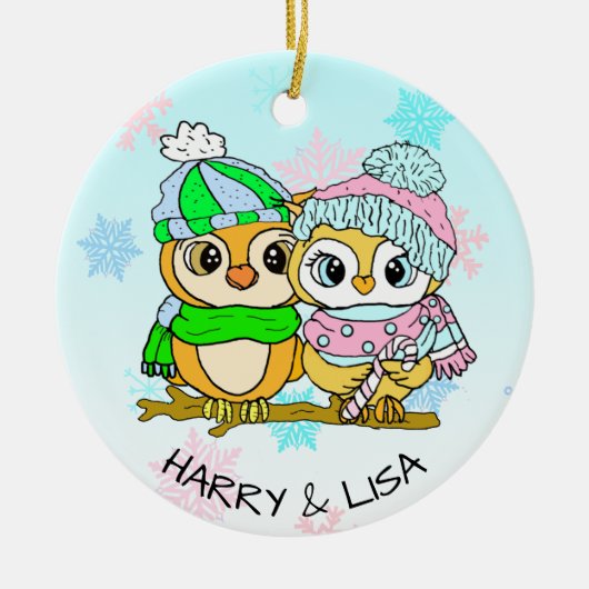 Personalized Owl Couple Christmas セラミックオーナメント (正面)