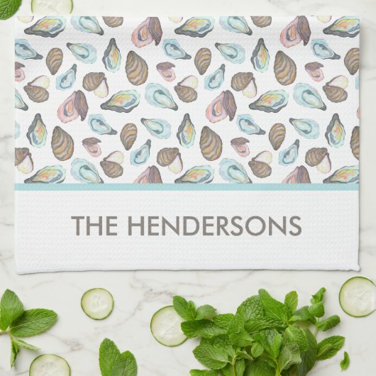 Personalized Oyster Tea Towel, Family Name キッチンタオル (折り畳み)