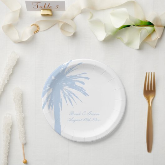 Personalized pale blue beach wedding party plates ペーパープレート (ウェディング)
