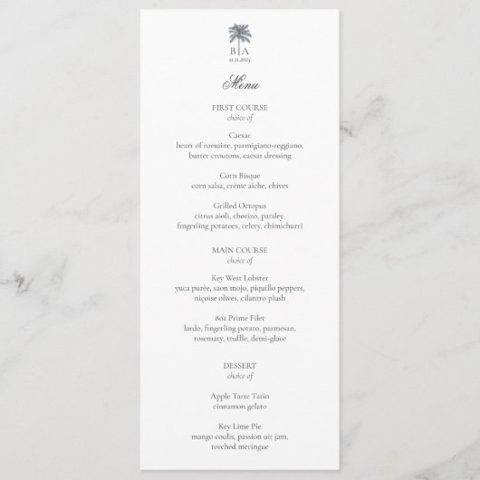 Personalized Palm Tree Beach Elegant Wedding Menu メニュー (正面)