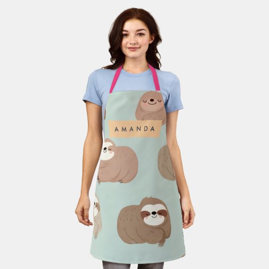 Personalized Pastel Adorable Sloth Pattern エプロン (着用した状態)