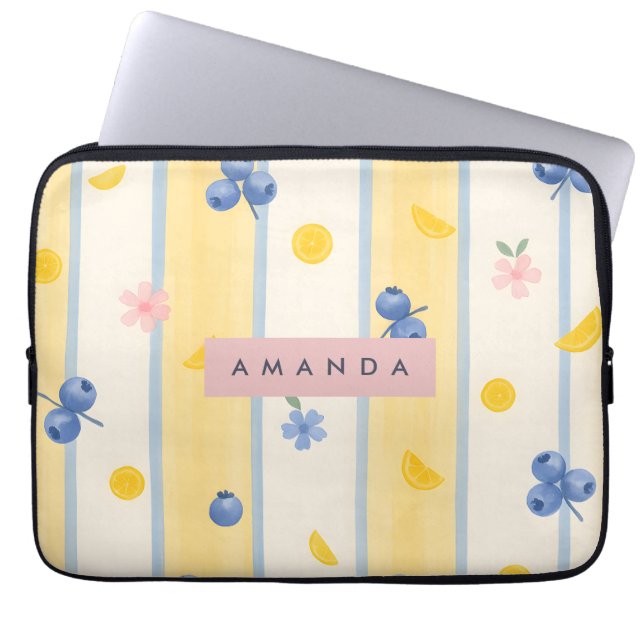 Personalized Pastel Blueberry & Lemon Pattern ラップトップスリーブ (正面)