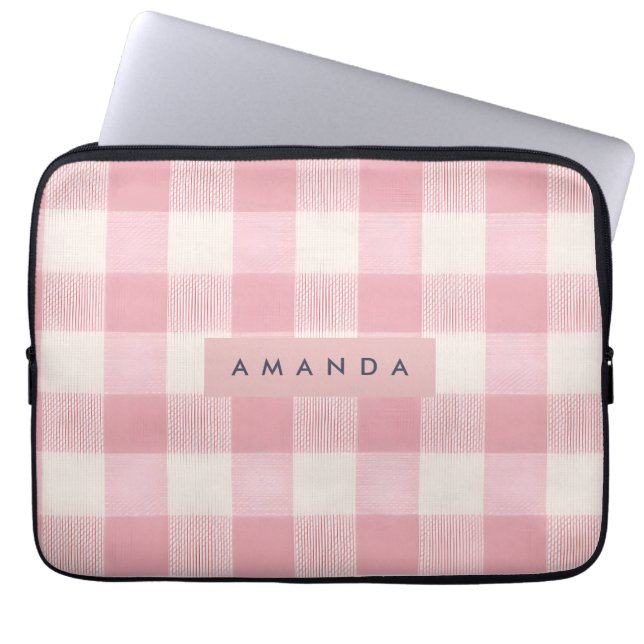 Personalized Pastel Blush Pink Gingham ラップトップスリーブ (正面)