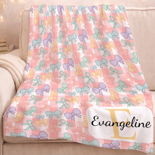 Personalized Pastel Bow Aesthetic Pink Gingham フリースブランケット