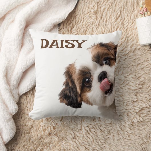Personalized Pastel Brown Dog Photo & Name Pillow クッション (ブランケット)