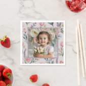 Personalized Pastel Floral Photo Birthday Girl スタンダードカクテルナプキン (インサイチュ)
