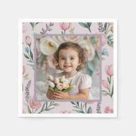 Personalized Pastel Floral Photo Birthday Girl スタンダードカクテルナプキン