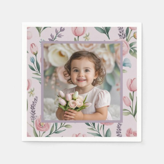 Personalized Pastel Floral Photo Birthday Girl スタンダードカクテルナプキン (正面)