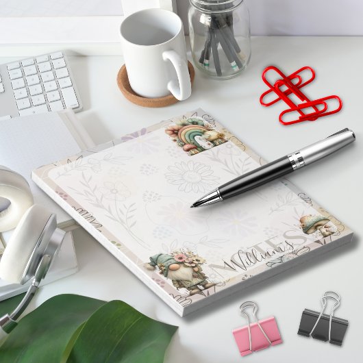 Personalized Pastel Gnome & Mushroom Floral Spring ノートパッド