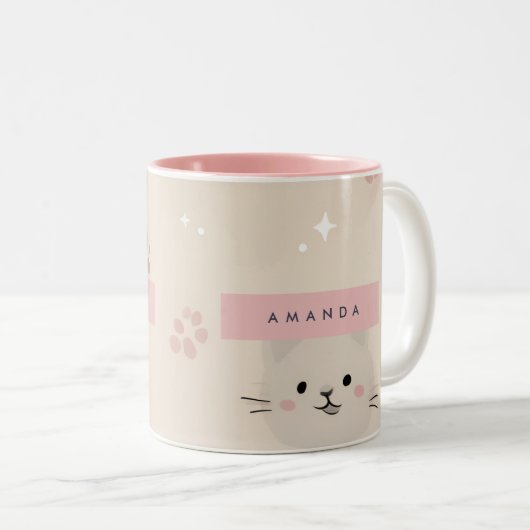 Personalized Pastel Kawaii Cat Face Pattern ツートーンマグカップ (正面右)