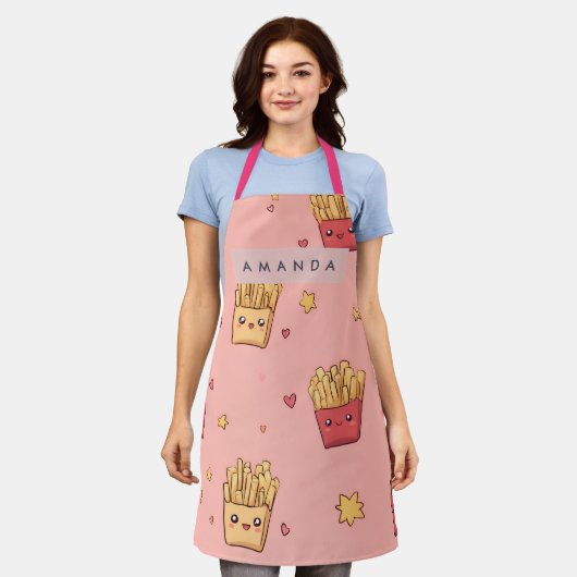 Personalized Pastel Kawaii French Fries Pattern エプロン (着用した状態)