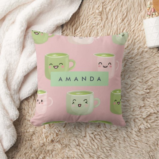 Personalized Pastel Kawaii Matcha Tea Pattern クッション (ブランケット)