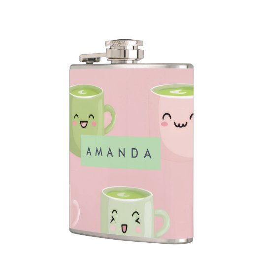 Personalized Pastel Kawaii Matcha Tea Pattern フラスク (左)