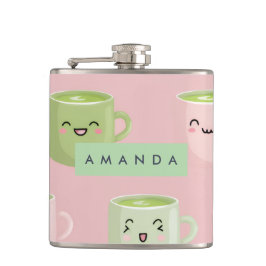 Personalized Pastel Kawaii Matcha Tea Pattern フラスク