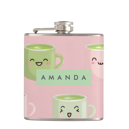 Personalized Pastel Kawaii Matcha Tea Pattern フラスク (正面)