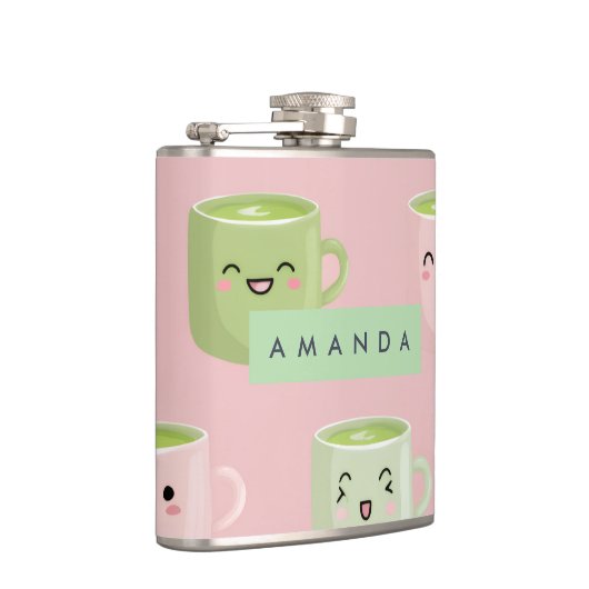 Personalized Pastel Kawaii Matcha Tea Pattern フラスク (右)