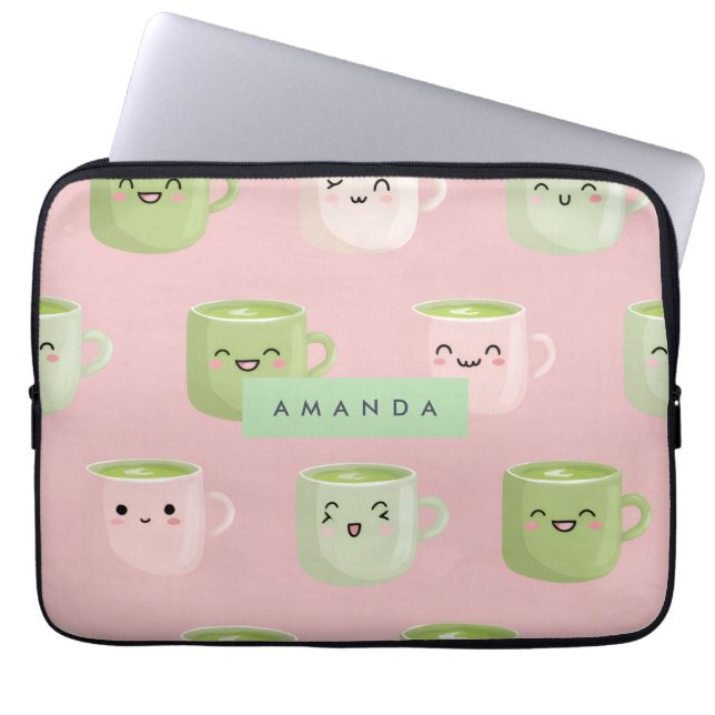 Personalized Pastel Kawaii Matcha Tea Pattern ラップトップスリーブ (正面)