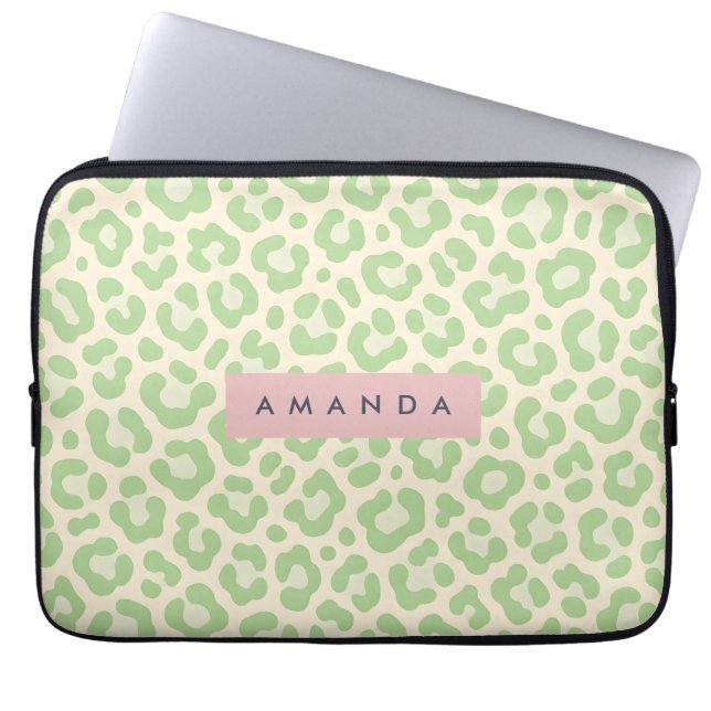 Personalized Pastel Mint Green Leopard Print ラップトップスリーブ (正面)