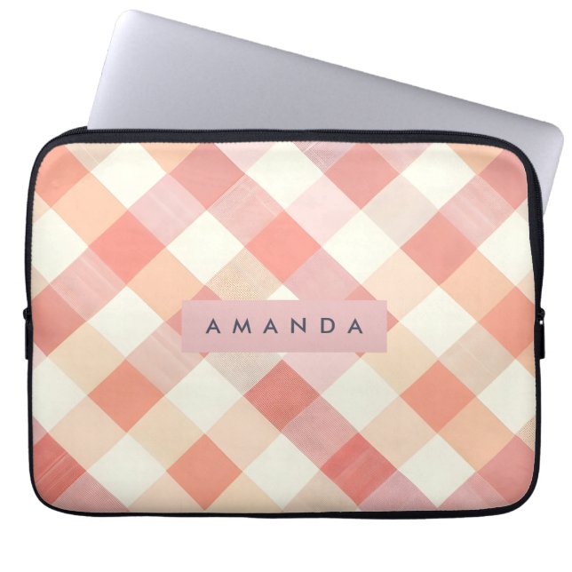 Personalized Pastel Peach Checkered Modern  ラップトップスリーブ (正面)