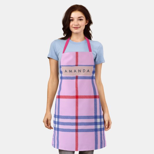 Personalized Pastel Pink Plaid with Red and Blue エプロン (着用した状態)