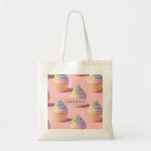 Personalized Pastel Rainbow Cupcake Pattern トートバッグ (正面)