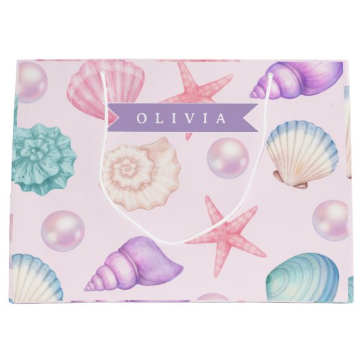 Personalized Pastel Seashell Coastal Custom Name ラージペーパーバッグ (正面)
