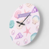 Personalized Pastel Seashell Coastal Custom Name ラージ壁時計 (傾斜)