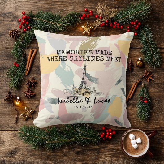 Personalized Pastel Skyline Couple Pillow クッション