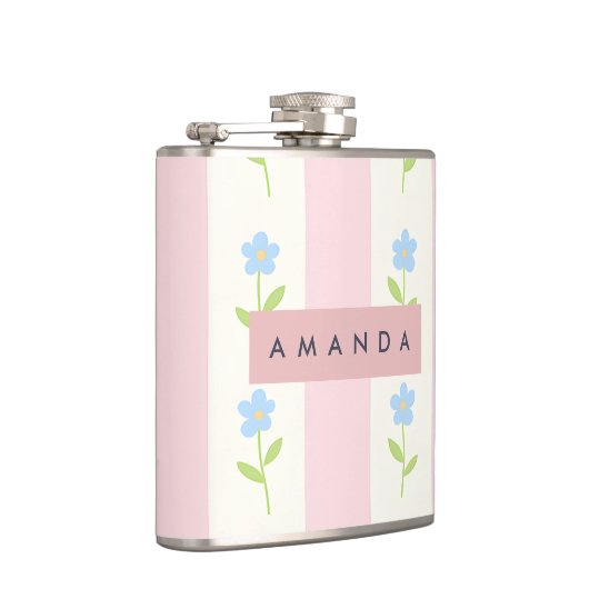 Personalized Pastel Stripes with Flower Pattern フラスク (右)
