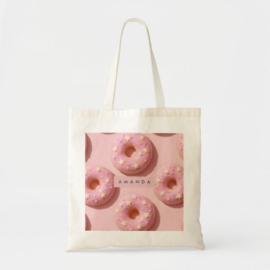 Personalized Pastel Whimsical Pink Donuts トートバッグ (正面)