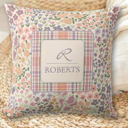 Personalized Patchwork Floral & Plaid Throw Pillow クッション