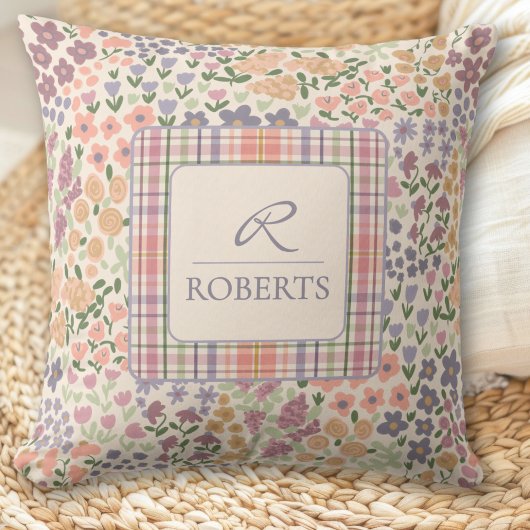 Personalized Patchwork Floral & Plaid Throw Pillow クッション