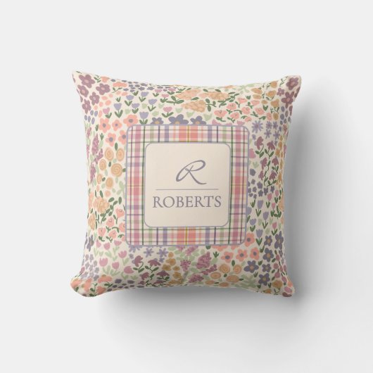 Personalized Patchwork Floral & Plaid Throw Pillow クッション (正面)