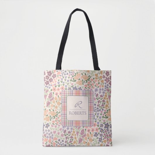 Personalized Patchwork Floral & Plaid Tote Bag トートバッグ (正面)